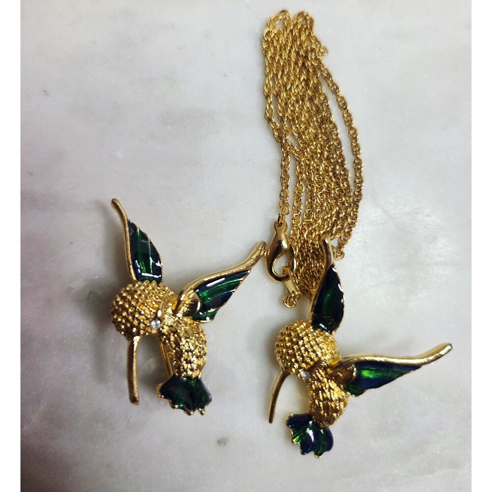 Hummingbird Pendant Necklace Brooch Set Green Enamel Rhinestone Gold Tone 18"